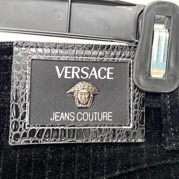 Vintage 90s Versace Jeans Couture Authentic Women’s Black Velvet Shimmer Pants - Picture 6 of 8